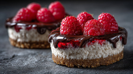 Raspberry Chocolate Delight: Exquisite Mini Cheesecakes on Dark Backgroundの素材