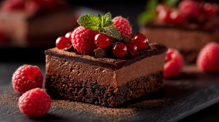 Decadent Chocolate Dessert Square Topped with Fresh Berries and Mintの素材