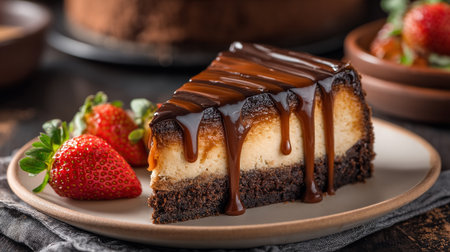Decadent Chocolate Cheesecake Slice with Strawberries and Dripping Caramelの素材