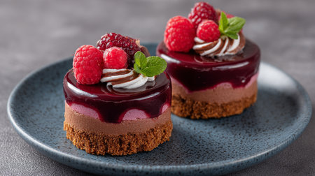 Delicious raspberry cakes with chocolate mousse on a textured plateの素材