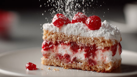 Delicious Cherry Cake Slice with Powdered Sugar Falling Downの素材