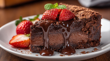 Decadent Chocolate Cake Slice with Fresh Strawberries and Mint Garnishmentの素材