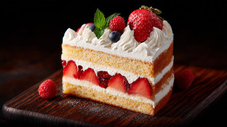 Tempting Strawberry Shortcake Slice Displayed Elegantly on a Wooden Boardの素材