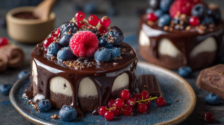 Delicious Chocolate Cake with Berries and Drizzled Chocolate on Plateの素材