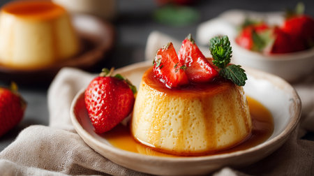 Delicious flan dessert with fresh strawberries and caramel sauce presented nicelyの素材
