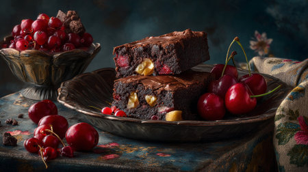 Decadent Stacked Brownies with Cherries and Currants on Rustic Surfaceの素材