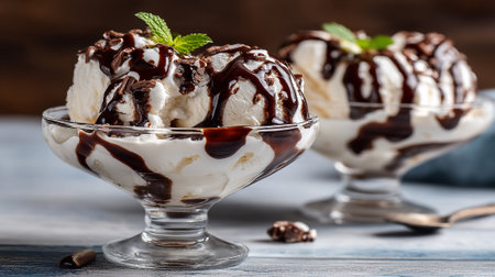 Delicious vanilla ice cream sundaes with chocolate sauce and mint leavesの素材