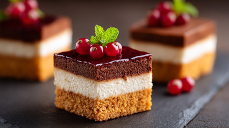 Delicious Chocolate Mousse Cake with Red Currants and Mint Garnishesの素材