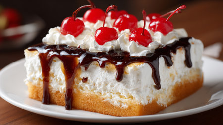 Decadent Cherry Cake Slice Drizzled with Rich Chocolate Syrupの素材