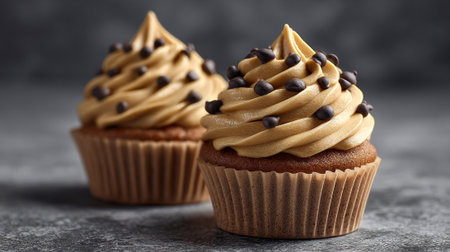 Luscious Caramel Cupcakes Adorned with Chocolate Chips on a Gray Surfaceの素材