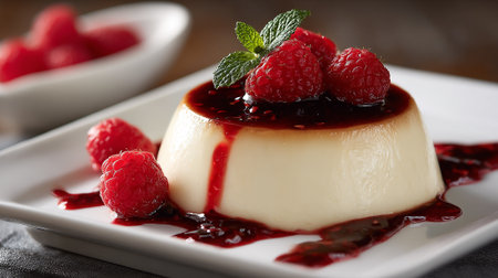 Elegant Panna Cotta Dessert Garnished with Raspberries and Mint Leavesの素材