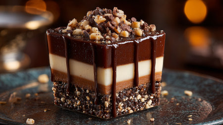 Delectable Multi-Layer Chocolate Hazelnut Dessert on Elegant Plateの素材