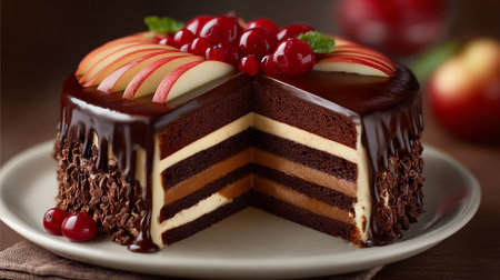 Decadent Chocolate Layer Cake with Apples and Cherries on a Plateの素材