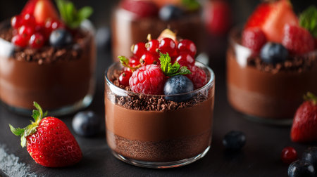 Decadent Chocolate Dessert Parfaits with Fresh Berries in Clear Glassesの素材