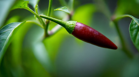 Vibrant Red Chili Pepper Growing on the Plant in the Gardenの素材