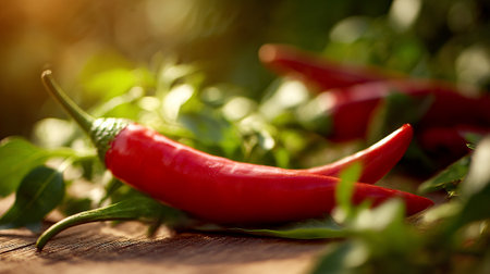 Vibrant red chili peppers resting among fresh green leaves on woodの素材