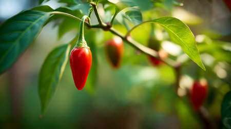 Vibrant Red Chili Pepper Growing on the Vine, with Lush Green Leavesの素材