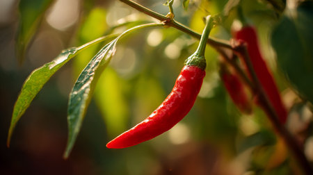 A Ripe Red Chili Pepper Hanging on a Branch Under Bright Sunlightの素材