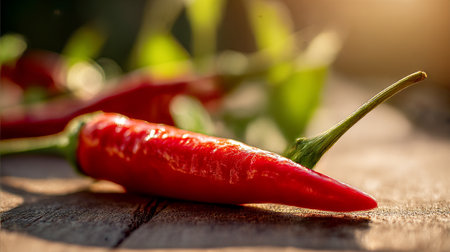 Fiery red chili pepper glistening on rustic wood surface under natural lightの素材
