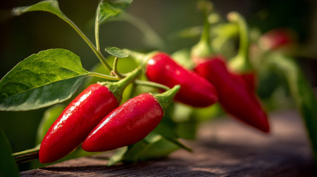 Vibrant Red Chili Peppers Growing on the Vine in a Garden Settingの素材