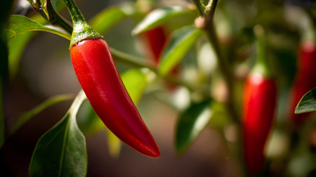 Vibrant Red Chili Pepper Ripening on a Green Plant Branchの素材