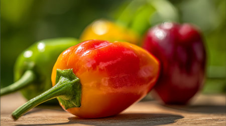 Vibrant Arrangement of Colorful Habanero Peppers on a Rustic Wooden Surfaceの素材