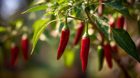Fiery red chili peppers ripening on the vine in a vibrant gardenの素材
