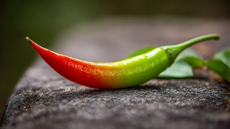 Vibrant chili pepper with gradient colors resting on a textured surface.の素材