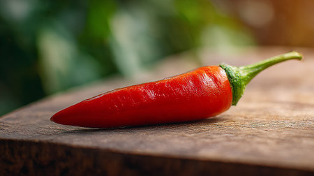 Vibrant Red Chili Pepper Resting on Rustic Wooden Surface Outdoorsの素材