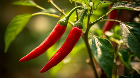 Vibrant Red Chili Peppers Hanging from Green Plant with Lush Foliageの素材