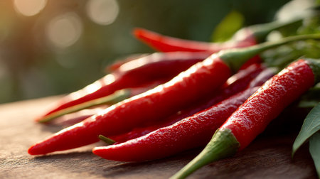Vibrant Red Chili Peppers on Wood: A Spicy Culinary Delightの素材