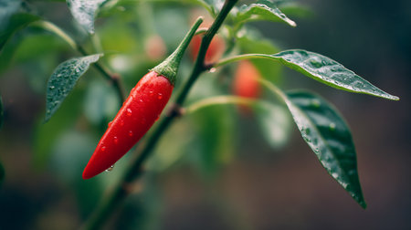 Vibrant red chili pepper plant glistening with fresh raindropsの素材