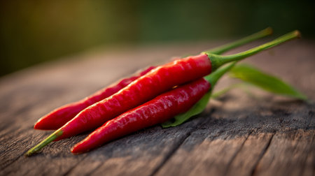 Vibrant Red Chili Peppers Stacked on Weathered Wood for a Spicy Dishの素材