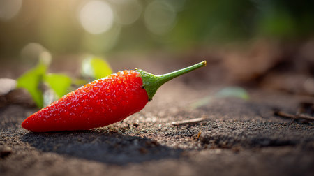 Vibrant Red Chili Pepper Drenched in Dew, Laying on Rough Stone Surfaceの素材