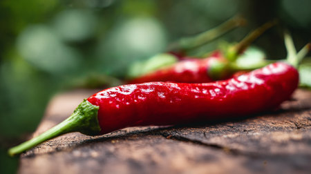Vibrant red chili peppers glistening on rustic wooden surface creating intense flavor.の素材