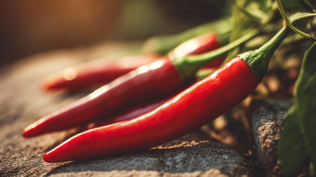 Vibrant red chili peppers rest on a textured surface with fresh green leavesの素材