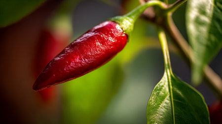 Vibrant red chili pepper growing in the garden with green leavesの素材