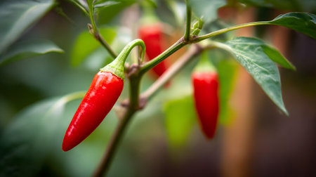 Vibrant red chili peppers ripening on the plant with green leaves.の素材