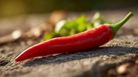 Vibrant red chili pepper basking in the sunlight on textured surface.の素材