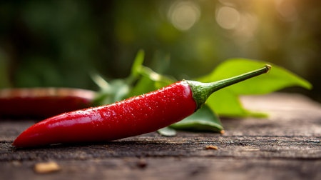 Vibrant Red Chili Pepper on Rustic Wood Surface with Green Backdropの素材