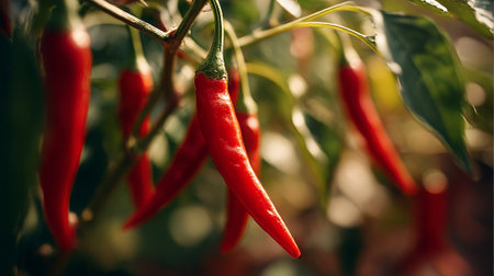 Vibrant red chili peppers growing fresh on the plant in natural lightの素材