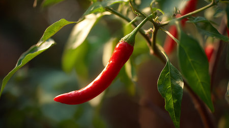 Vibrant Red Chili Pepper Growing on the Vine in Sunny Gardenの素材