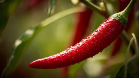 Vibrant Red Chili Pepper with Water Droplets Growing Fresh in the Gardenの素材