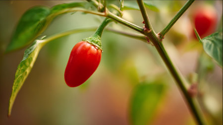 Vibrant Red Chili Pepper Growing on the Plant in Natural Settingの素材