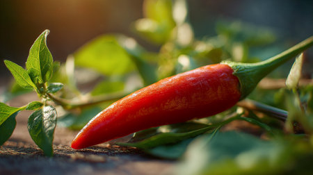 Vibrant Red Chili Pepper Resting on Fresh Green Leaves, Culinary Ingredientの素材