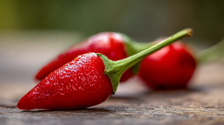 Fiery Trio: Fresh Red Chili Peppers on Rustic Wooden Surfaceの素材