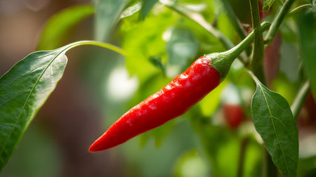 Vibrant Red Chili Pepper Growing on the Plant in Summer Sunlightの素材