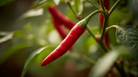 Vibrant red chili peppers growing on the plant in an organic garden.の素材