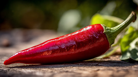 Vibrant red chili pepper resting on a rustic wooden surface outdoors.の素材