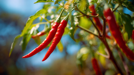 Vibrant Red Chili Peppers Growing on the Vine Under the Summer Sunの素材